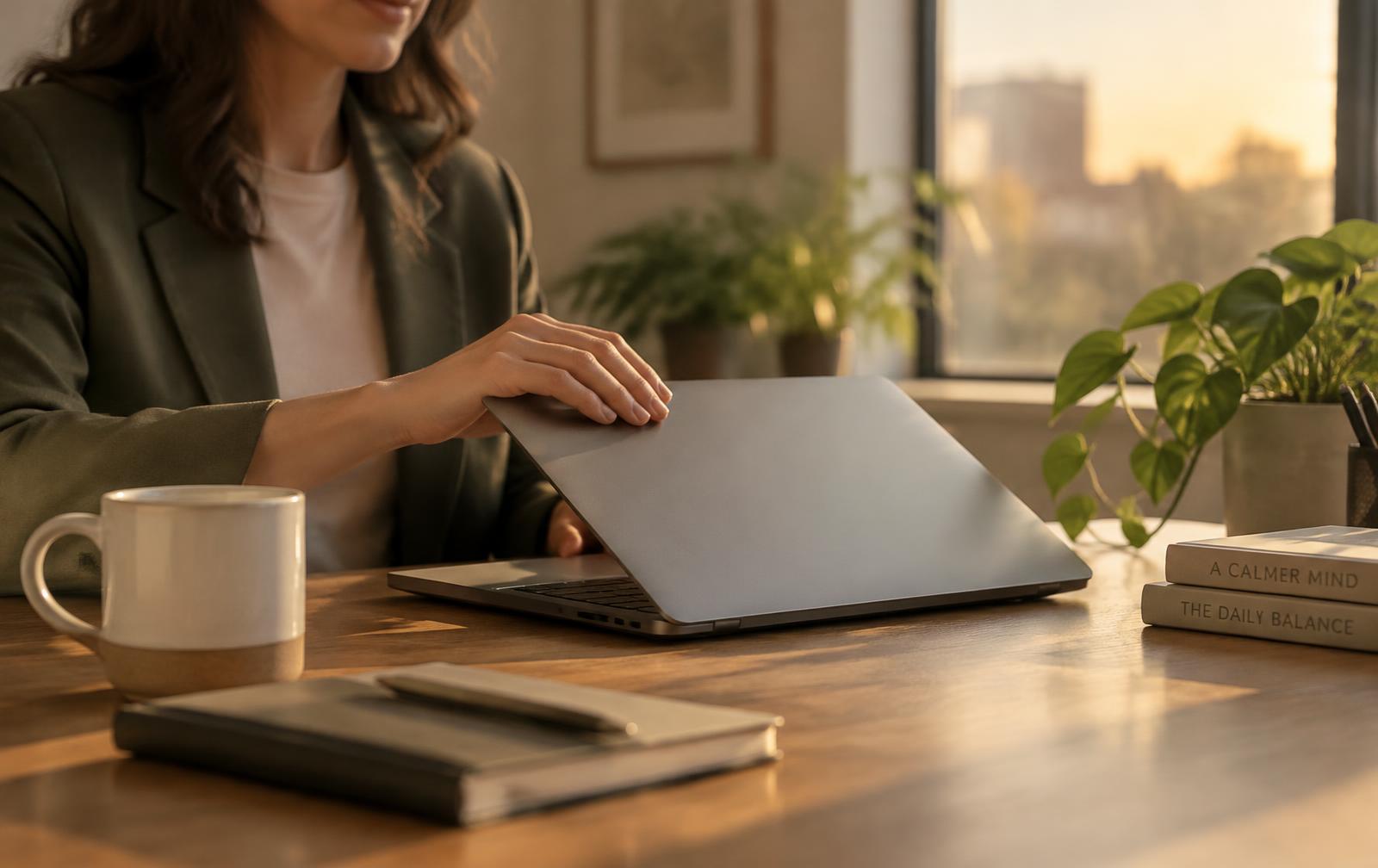 A professional closing a laptop in late afternoon light
